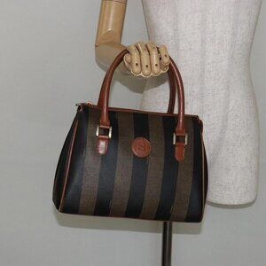 FENDI Pecan Canvas Hand Bag PVC Brown Gold Auth ep11310